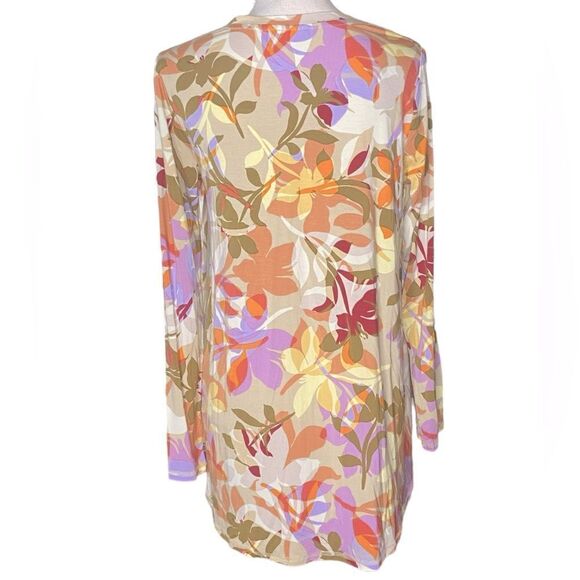 LOGO Lori Goldstein Peach Orange Purple Tan Floral Long Sleeve Knot Tunic Top - Picture 3 of 5